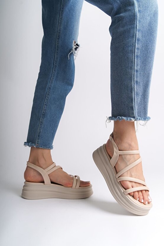 NATALIE İnce Tokalı Şerit Detaylı Ortopedik Taban Kadın Sandalet CKT - Krem