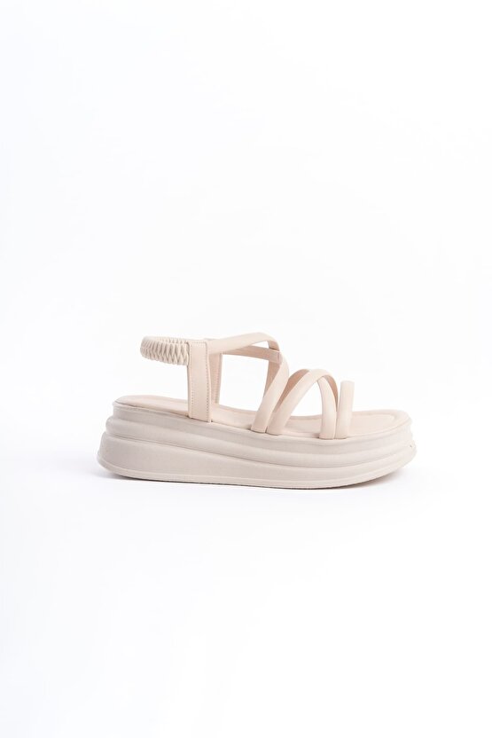 BELLA Lastikli Şerit Detaylı Ortopedik Taban Kadın Sandalet CKT - Krem