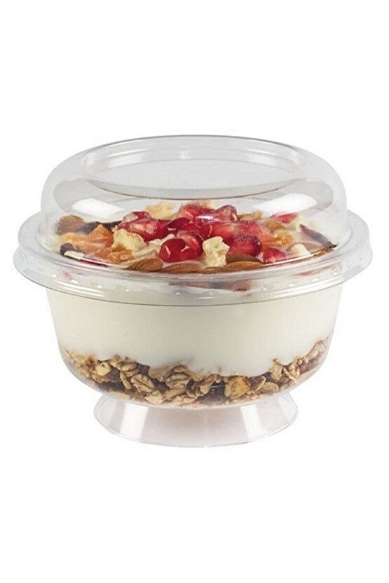Plastik Kristal Tatlı Kabı Ayaklı 180cc - Kapaklı 25 Adet Kullan At