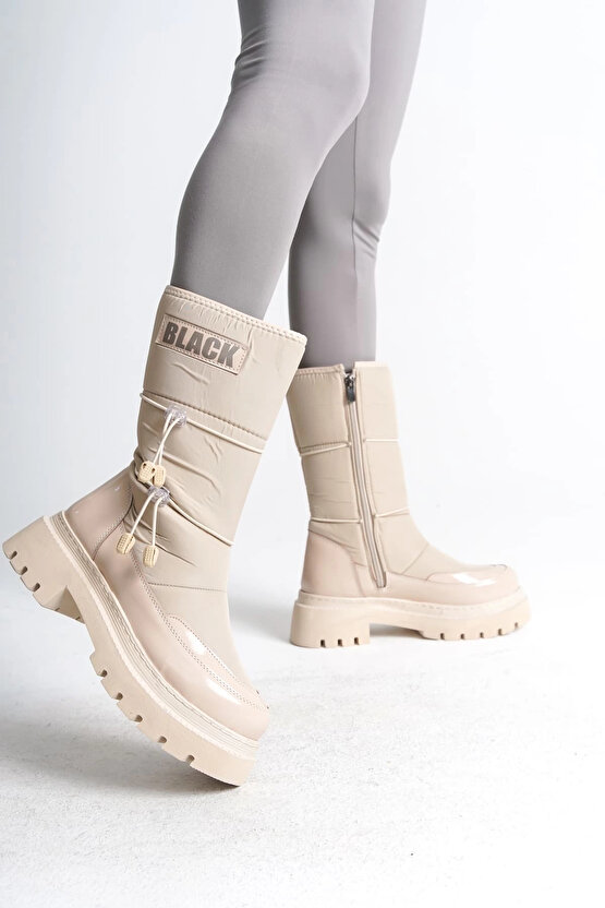 LUCY Lastikli Fermuarlı Paraşüt Kumaş Rugan Kadın Bot CKT - Krem