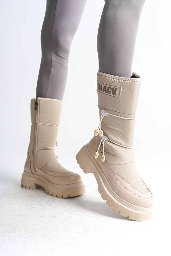 LUCY Lastikli Fermuarlı Paraşüt Kumaş Rugan Kadın Bot CKT - Krem