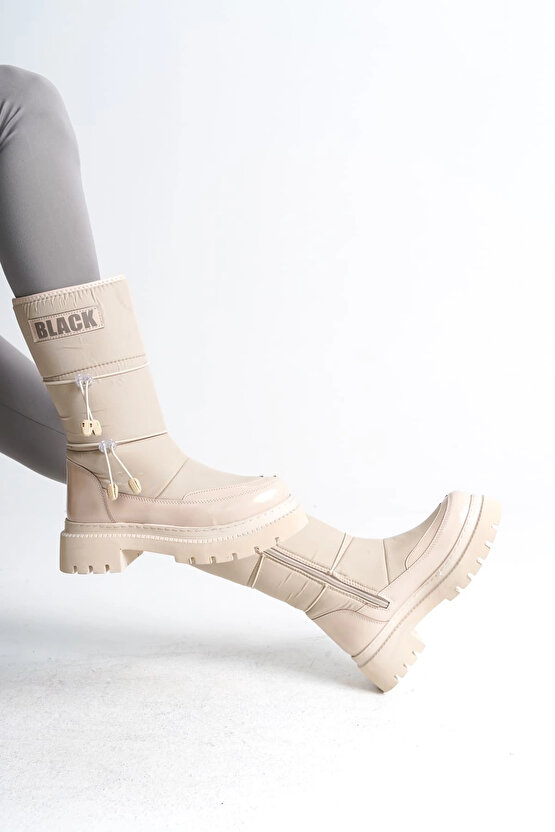 LUCY Lastikli Fermuarlı Paraşüt Kumaş Rugan Kadın Bot CKT - Krem