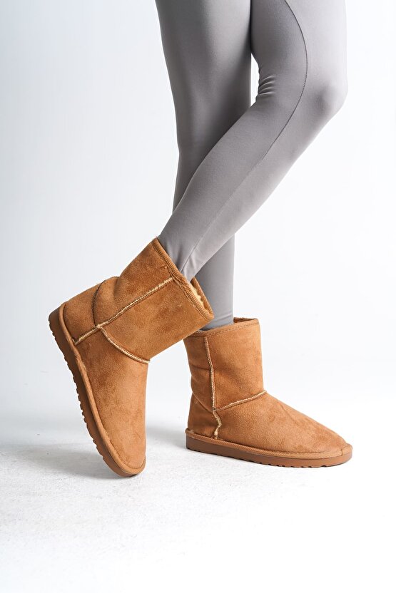 SELINA Bağcıksız Düz Taban İçi Kürklü Süet Kadın Bot - Taba