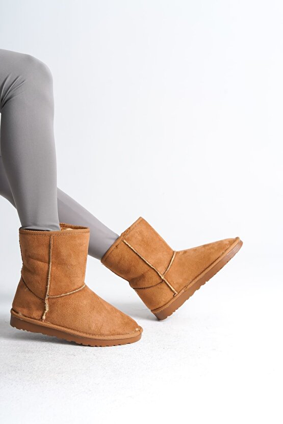 SELINA Bağcıksız Düz Taban İçi Kürklü Süet Kadın Bot - Taba