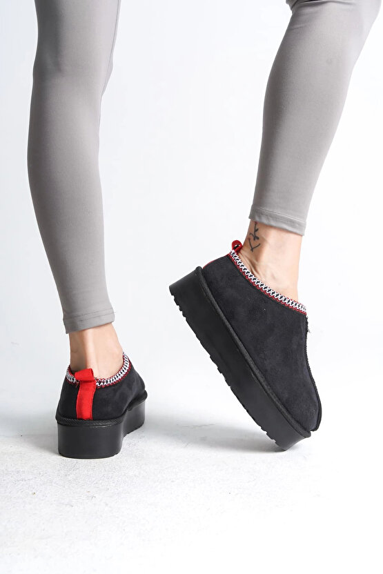 LEILA Bağcıksız Düz ve Kalın Taban İçi Kürklü Kısa Süet Kadın Bot SST - Siyah