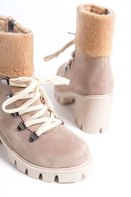 EMMA Bağcıklı Fermuarlı Ortopedik Taban Topuklu Kürk Detaylı Süet Kadın Bot - Ten