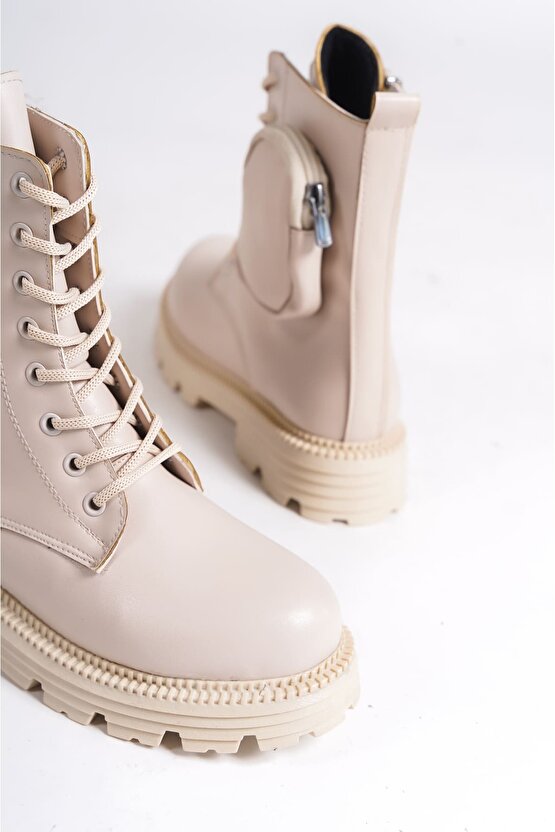 GINA Bağcıklı Fermuarlı Ortopedik Taban Çantalı Kadın Bot CKT - Krem