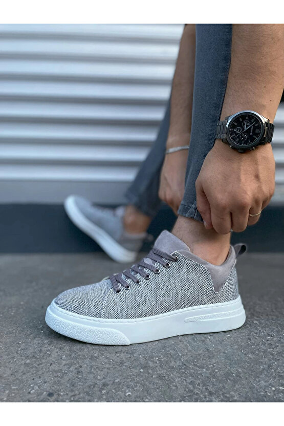 JY204 Flex Bağcıklı Keten Kumaş Erkek Günlük Sneaker Ayakkabı KBT - Gri
