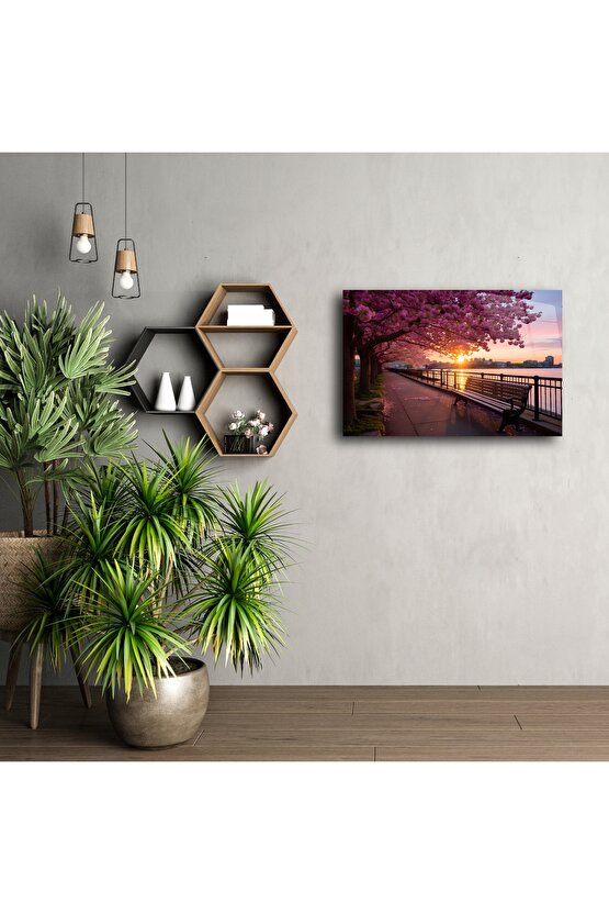 Kiraz Çiçeği Gün Batımı Park Bankı Kanvas Tablo