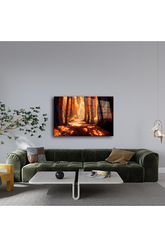 Sonbahar Orman Yolu Temalı Cam Duvar Tablosu
