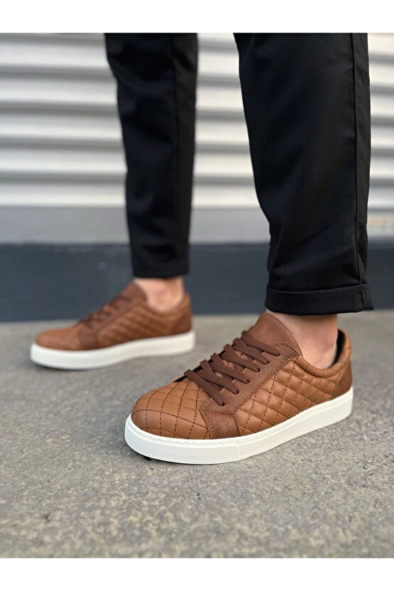 JY166 Prestige Bağcıklı Cilt Kapitone Desenli Erkek Günlük Sneaker Ayakkabı CBT - Taba