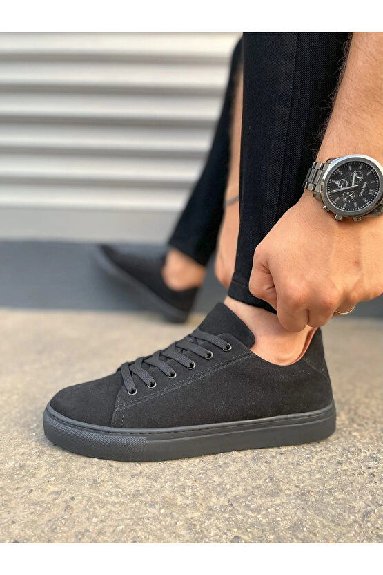 JY122 Mode Bağcıklı Süet Erkek Günlük Sneaker Ayakkabı SST - Siyah