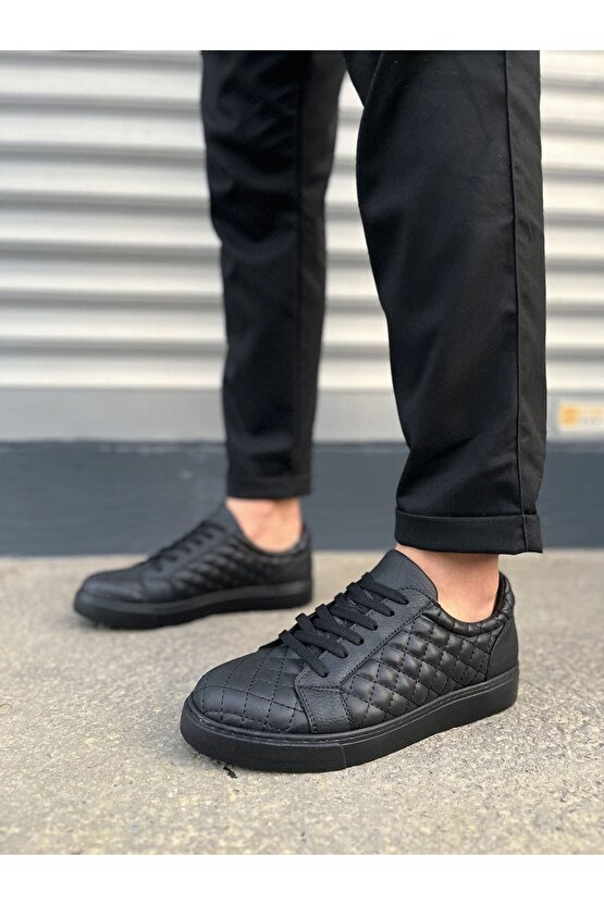 JY166 Prestige Bağcıklı Cilt Kapitone Desenli Erkek Günlük Sneaker Ayakkabı CST - Siyah