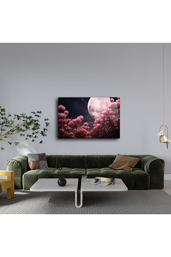 Cam Tablo Ay ve Çiçekli Gece Manzarası