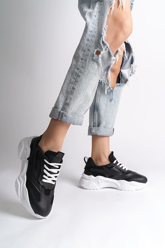 TOKYO Bağcıklı Ortopedik Taban Triko Detaylı Kadın Spor Ayakkabı TBT - Siyah