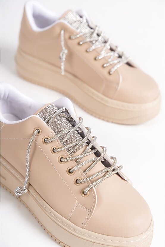 DELLA Bağcıklı Ortopedik Taban Taşlı Kadın Sneaker Spor Ayakkabı CTT - Ten