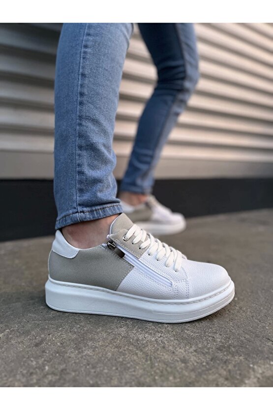 JY155 Warrior Bağcıklı ve Fermuarlı Cilt Süet Erkek Günlük Sneaker Ayakkabı CSBT - BeyazGri