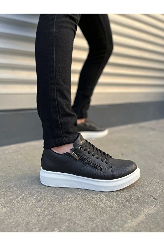 JY155 Warrior Bağcıklı ve Fermuarlı Cilt Erkek Günlük Sneaker Ayakkabı CBT - Siyah