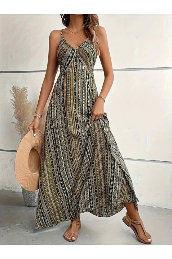 Kadın Ip Askılı Sırttan çapraz Detaylı Yırtmaçlı Desenli Süprem Elbise