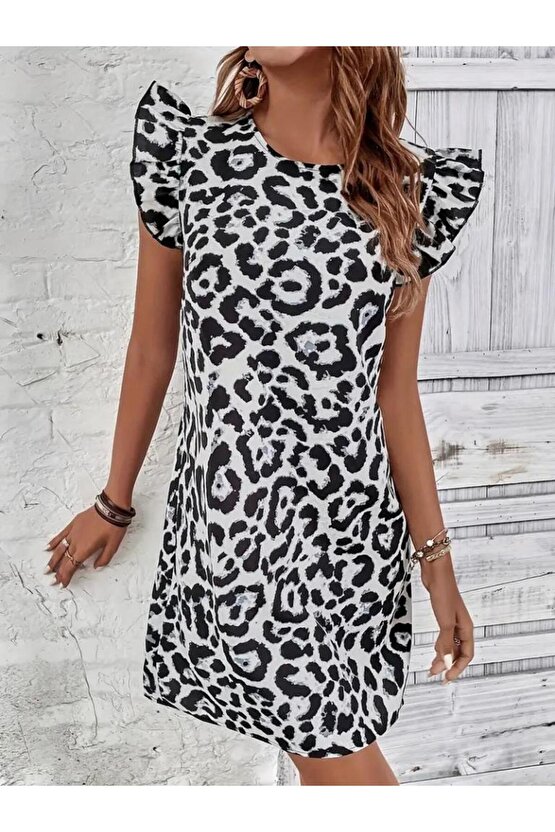 Kadın Kısa Kollu Kolları Fırfır Detay Arkası Bağlamalı Leopar Desen Kolsuz Mini Mikro Elbise