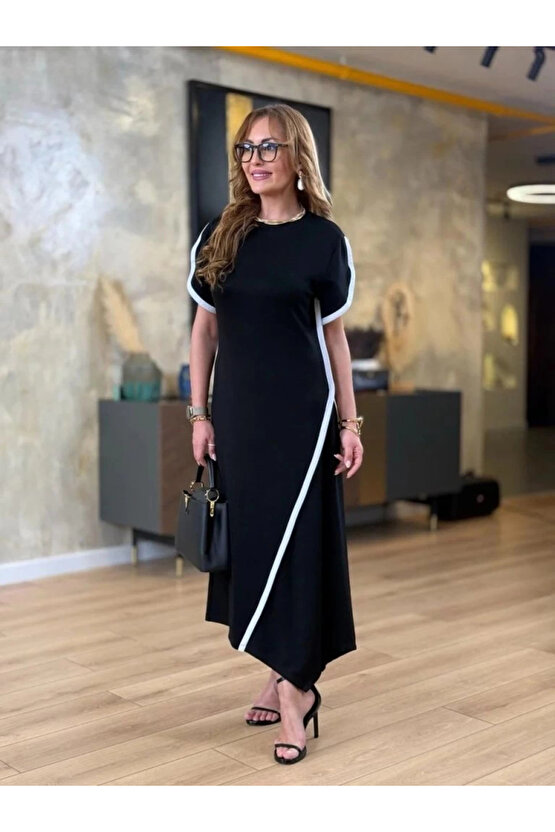 Kadın Kısa Kollu Bisiklet Yaka çift şerit Renk Detaylı Asimetrik Kesim Viskon Iki Iplik Elbise