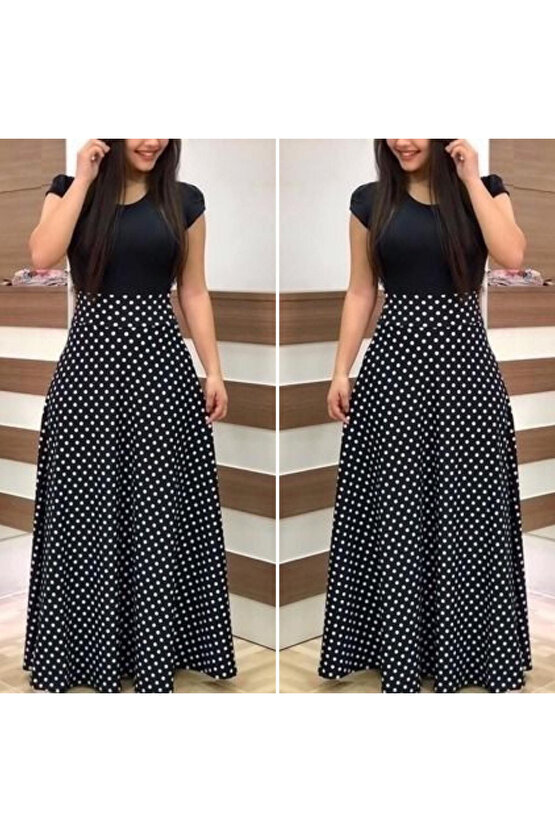 Kadın Kısa Kollu Puan Desen Tam Boy Krep Elbise