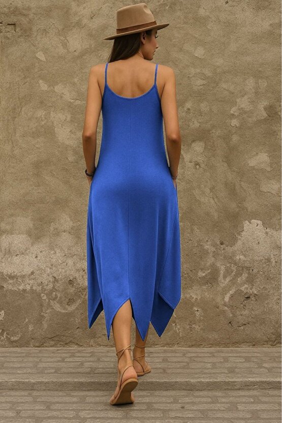 MODAVERA Kadın Askılı V Yakalı Cep Detaylı Asimetrik Kesim Viskon Elbise