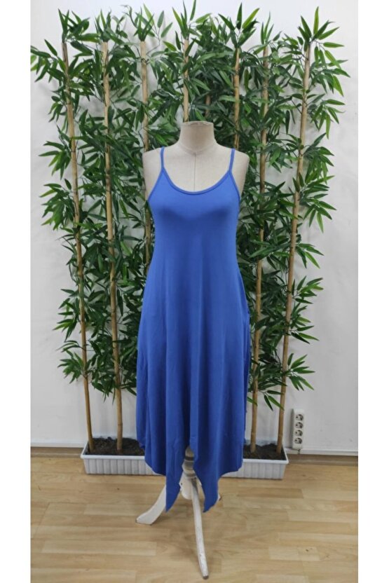 MODAVERA Kadın Askılı V Yakalı Cep Detaylı Asimetrik Kesim Viskon Elbise