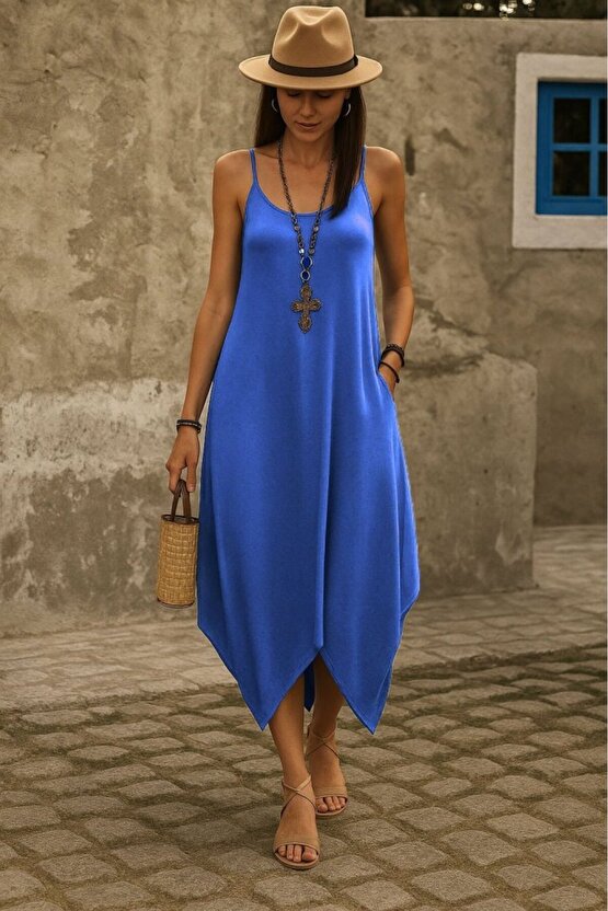 MODAVERA Kadın Askılı V Yakalı Cep Detaylı Asimetrik Kesim Viskon Elbise