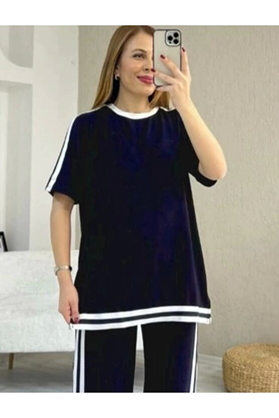 Kadın Kısa Kollu Bisiklet Yaka çift Renk şerit Detaylı Viskon Iki Iplik Bluz Ve Pantolon Ikili Takım