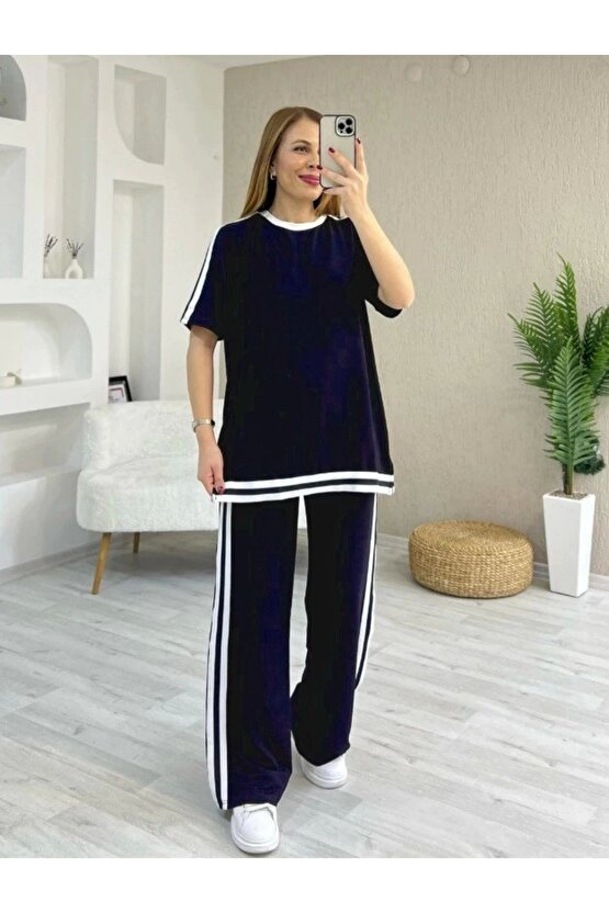 Kadın Kısa Kollu Bisiklet Yaka çift Renk şerit Detaylı Viskon Iki Iplik Bluz Ve Pantolon Ikili Takım