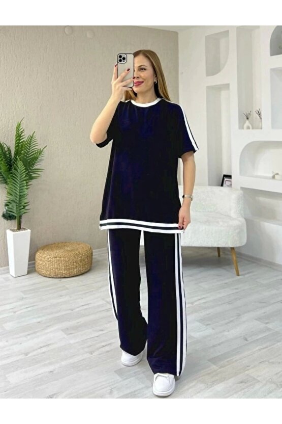 Kadın Kısa Kollu Bisiklet Yaka çift Renk şerit Detaylı Viskon Iki Iplik Bluz Ve Pantolon Ikili Takım