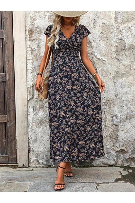 Kadın Kısa Kollu Kruvaze Yakalı çiçek Desenli Belden Lastikli Süprem Uzun Elbise