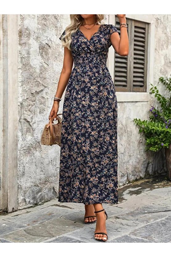 Kadın Kısa Kollu Kruvaze Yakalı çiçek Desenli Belden Lastikli Süprem Uzun Elbise