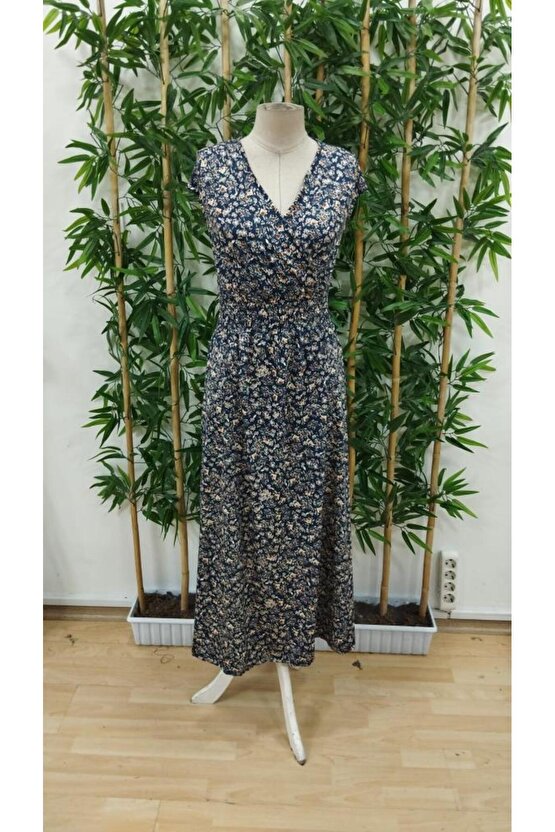 Kadın Kısa Kollu Kruvaze Yakalı çiçek Desenli Belden Lastikli Süprem Uzun Elbise