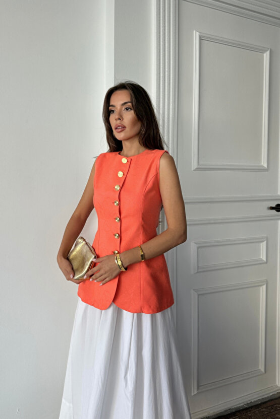 JAKAR KETEN YELEK BELDEN OTURTMALI GOLD DÜĞMELİ - Orange