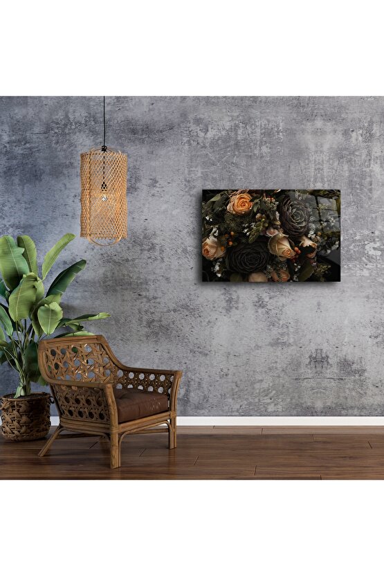 Lüks Koyu Renkli Gül ve Sukulent Duvar Tablosu