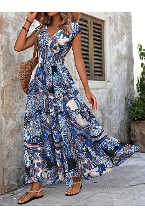 Kadın Kısa Yarasa Kanat Kollu V Yakalı Beli Büzgülü Süprem Elbise