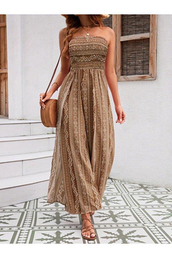 Kadın Yakası Gipe Detaylı önden Yırtmaç Detaylı Desenli Süprem Pantolun Etek Tulum