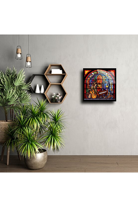 Piyano ve Viyolonselli Renkli Vitray Duvar Sanatı