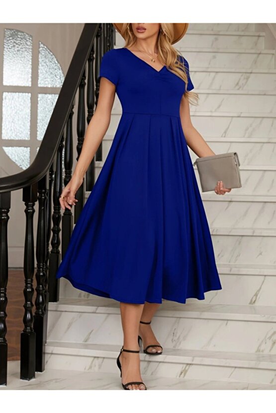 Edolika Kadın Kısa Kollu V Yakalı önden Pileli Midi Janjan Krep Elbise