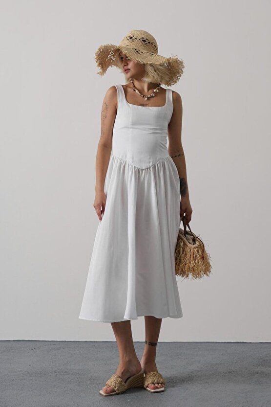 Askılı Uzun Elbise - Beyaz