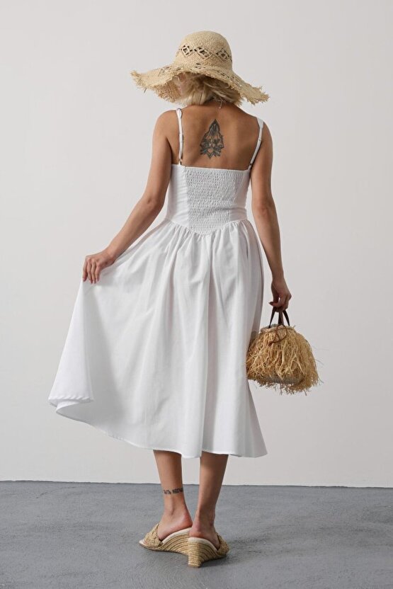 Askılı Uzun Elbise - Beyaz