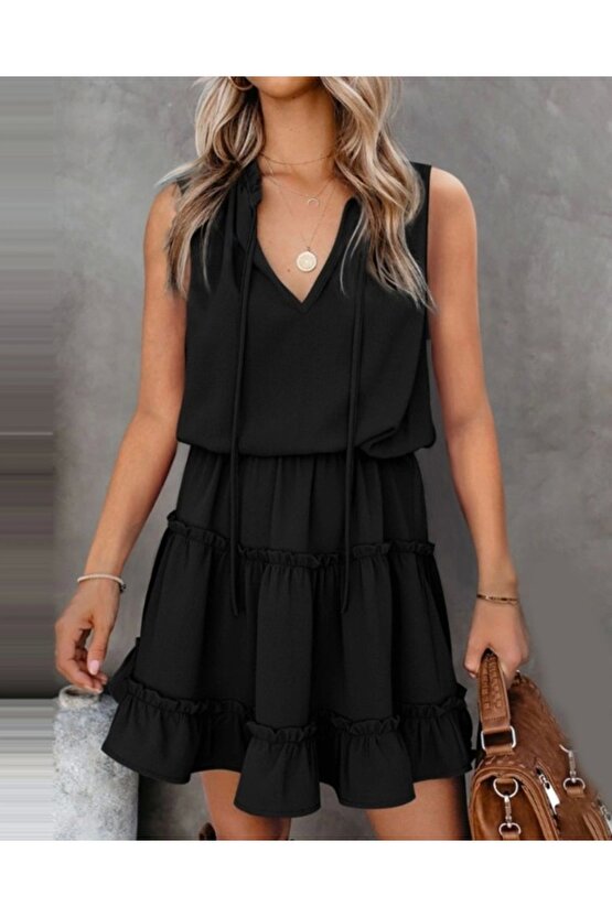 Sıfır Kol V Yaka Ipek Aerobin Elbise