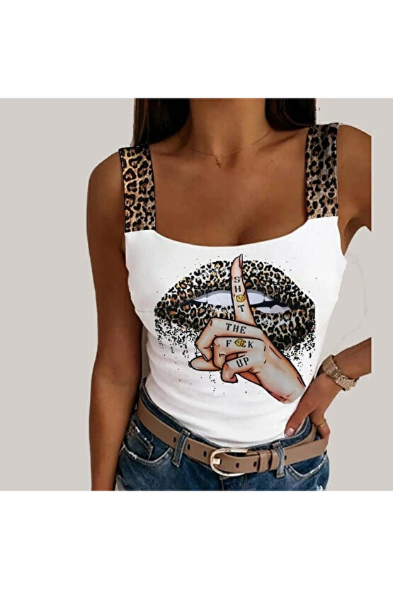 Kadın Leopar Askılı Leopar Baskılı Mikro Kumaş Bluz