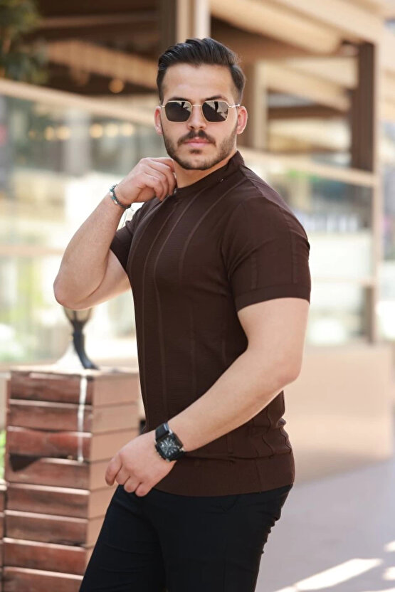 MDB Erkek Desenli çizgi Kabartmalı Kısa Kollu Tişört