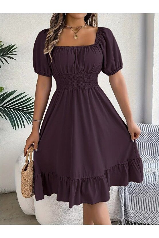 Kadın Kısa Kollu Kare Yakalı Beli Lastikli Kısa Trikoton Elbise