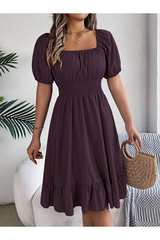 Kadın Kısa Kollu Kare Yakalı Beli Lastikli Kısa Trikoton Elbise