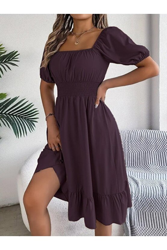 Kadın Kısa Kollu Kare Yakalı Beli Lastikli Kısa Trikoton Elbise