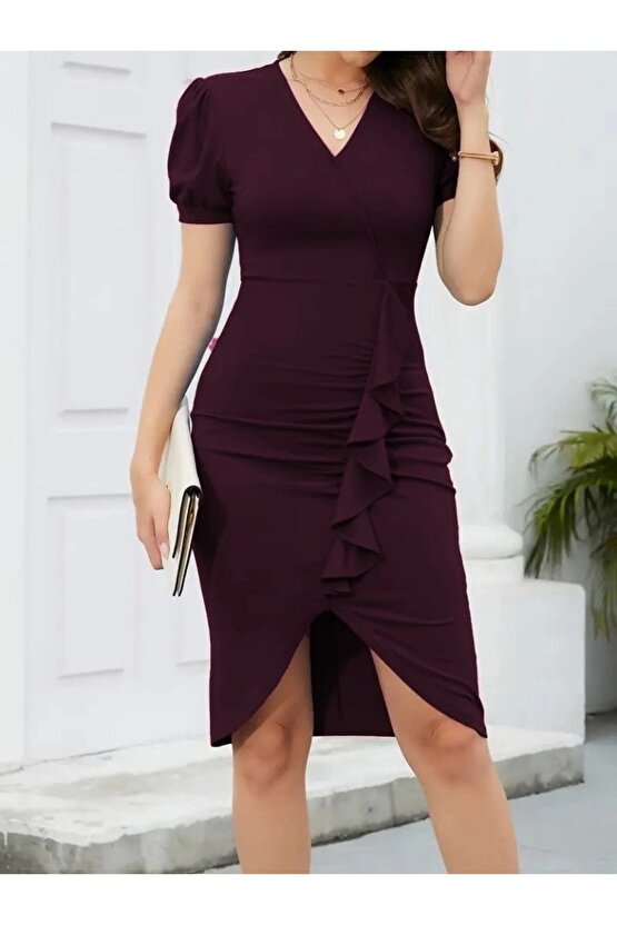 Kadın Kısa Kollu V Yakalı önden Fırfırlı Ithal Krep Elbise